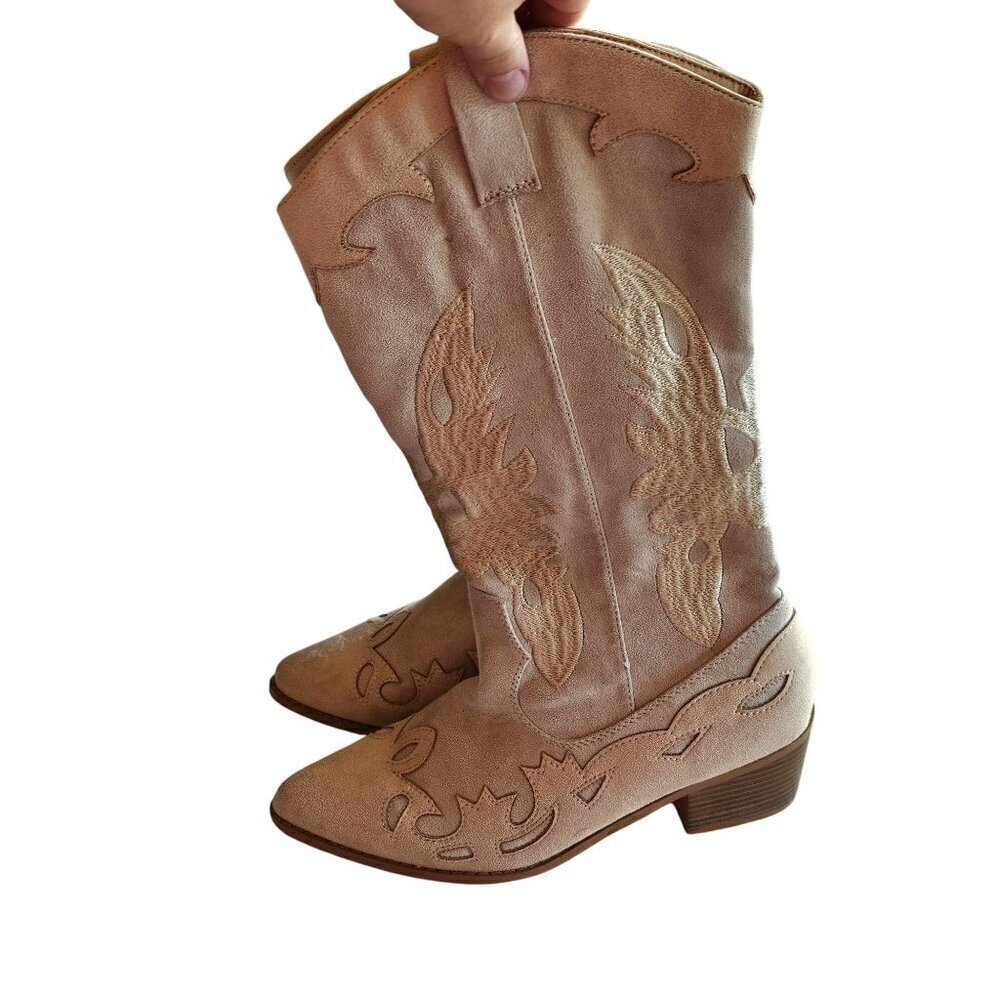 Vintage Western Cowboy Style Beige Embroidered Suede Boots With Low Block Heel F